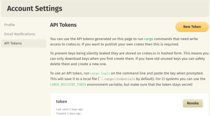 Account Settings - API tokens